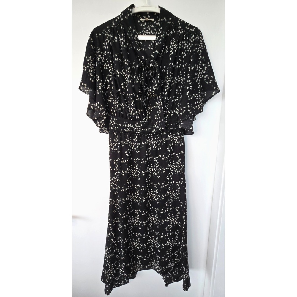 Max Studio Maxi Dress Geometric Ruffle Neck Tie Cinched Waist Asymmetrical Whims
